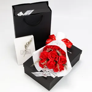 Luxury gift set featuring 9 red soap roses with black gift box and greeting card