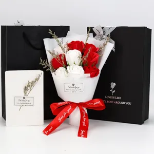 Detailed view of 9-piece soap rose flower bouquet gift set with elegant black box