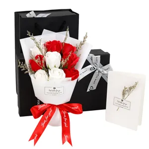 Detail view of 9-rose soap flower gift set including black box and greeting card
