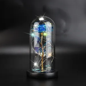 Detailansicht einer leuchtenden Galaxie-Rose in einer Glaskuppel für Geschenke