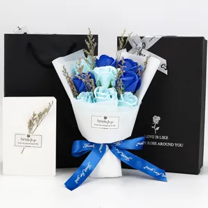 Detail view of 9-piece blue soap rose bouquet including gift bag and greeting card set