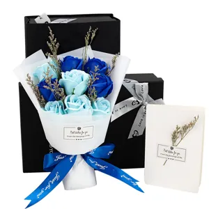 Beautiful bouquet of nine blue soap roses with premium black gift box and a card
