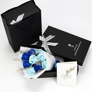 Artificial soap rose bouquet gift set with 9 blue flowers in a black box for Valentine's Day