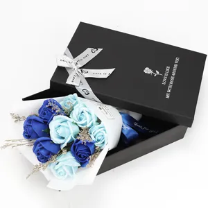 Luxury 9-piece blue soap rose bouquet in a sleek black gift box with ribbon accents