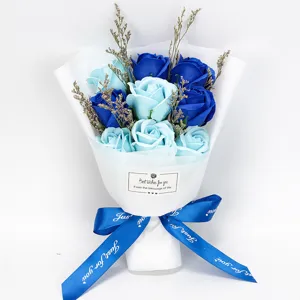Soap flower bouquet with 9 blue roses and dried flowers for Valentine's Day gift