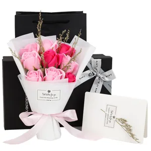 Elegant 9 soap roses bouquet set with black gift box and card for Valentine's Day