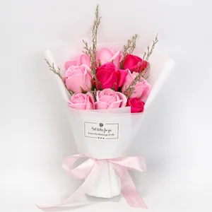 Close-up of 9-piece pink soap rose bouquet with elegant gift wrapping and ribbon