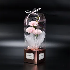 Belle boîte cadeau de fleurs de savon d'œillet artificiel dans un emballage transparent.