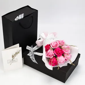 Simulation soap flower gift set with 9 pink roses in black box and bag