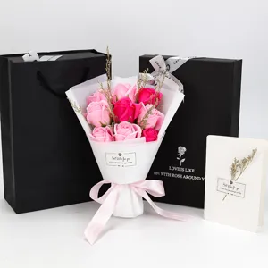 Set of 9 artificial soap roses in a bouquet with luxury gift box and greeting card