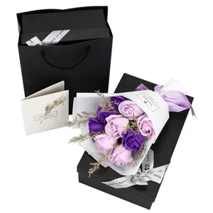Detailed view of a 9-piece purple rose soap flower bouquet with black gift box and bag