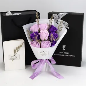 Detailed view of the 9-rose soap flower bouquet including a gift bag and greeting card.