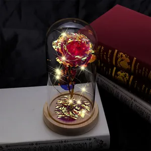 Nahaufnahme einer Galaxie-Rose in Glaskuppel mit warmen LED-Lichtern auf Holzsockel.