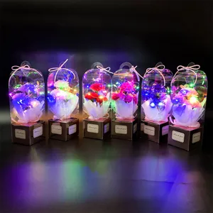 Vue détaillée de boîtes cadeaux de fleurs d'œillets artificiels éclairées par des LED.
