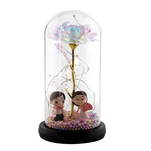 Ewige schillernde Galaxie-Rose in Glaskuppel mit niedlichen Paar-Figuren und LED-Lichterkette