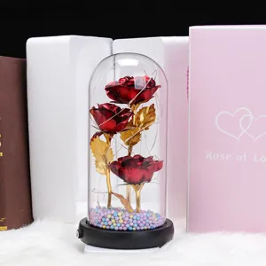 Detailed view of artificial gold roses in glass dome with LED string lights and base.