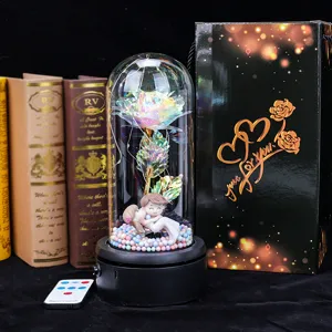Detailed macro view of colorful galaxy rose in glass dome with decorative gift box