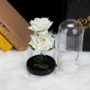 Detalle de dos rosas eternas blancas en cúpula de vidrio con luces LED de adorno