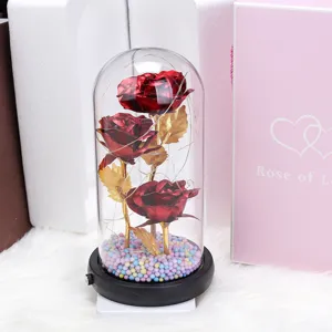 Enchanting glass dome rose with LED lights and gold leaves, perfect romantic gift.
