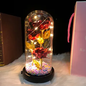 Enchanting glass dome rose with glowing LED fairy lights, romantic Gift decor detail.
