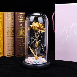 Rosa de lámina de oro en cúpula de cristal con luces LED, regalo romántico decoración.