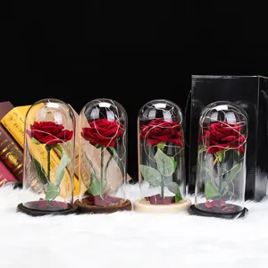 Ornamento Creativo de Cúpula de Vidrio de Rosa Con Guirnalda de Luces LED de Cobre Flor de Simulación de Franela Base de Madera Regalo Romántico San Valentín