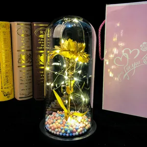 Luz nocturna LED de cúpula de vidrio con rosa dorada, regalo romántico perfecto para San Valentín.
