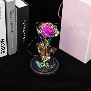 Rose en feuille d'or galaxie avec papillon et guirlande lumineuse LED cadeau saint valentin