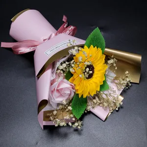 Mini sunflower soap flower bouquet graduation gift for girls with gypsophila ribbon wrap