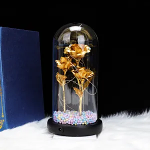 Gold rose glass dome LED light eternal flower Valentine gift ornament for home decor.