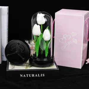 Vue détaillée de la veilleuse tulipe fleur artificielle sous dôme en verre et boîte cadeau.