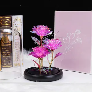 Detalle de rosas de galaxia brillantes en cúpula de vidrio con caja de regalo rosa