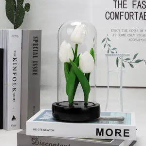 Dôme en verre tulipe blanche fleur artificielle veilleuse déco maison ornement cadeau de table