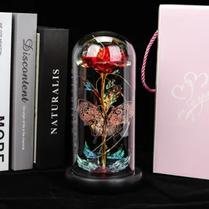 Rose éternelle sous cloche en verre avec papillon guirlande LED cadeau romantique déco