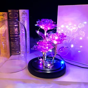 Primer plano de rosas púrpuras brillantes con luces LED y cúpula de cristal