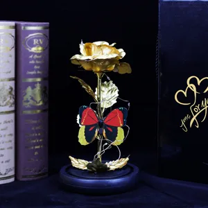 Flor de rosa de hoja de oro con luces LED y mariposa decoración de escritorio regalo detalle