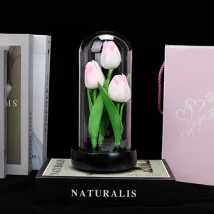 Veilleuse tulipe LED sous cloche en verre, boîte à musique décorative fleur artificielle.