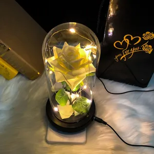 Vista detallada de una rosa de terciopelo blanco en cúpula de cristal con luces LED