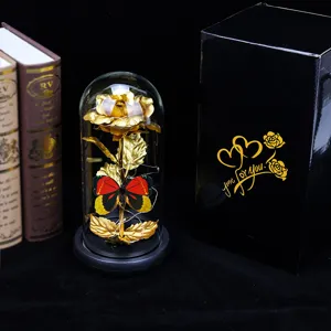 Rosa de lámina de oro cúpula de vidrio luz nocturna LED adorno de escritorio regalo de amor