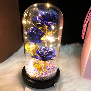 Valentine's Day Gift 3 Heads Gold Foil Rose Flower Glass Cover Ornament With LED Light Remote Control USB Charging Home Decor
