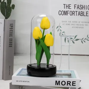 Veilleuse cloche en verre tulipe fleur artificielle décoration ornement pour cadeau maison