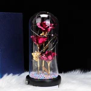 Detail view of three roses in glass dome with LED lights, perfect Valentine gift ornament.