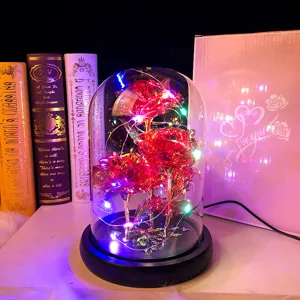 Rosa roja eterna en cúpula de vidrio con luces LED de colores y caja de regalo rosa