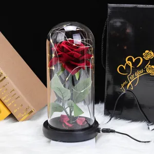 Elegante rosa eterna roja en cúpula de vidrio con luces LED y caja de regalo premium