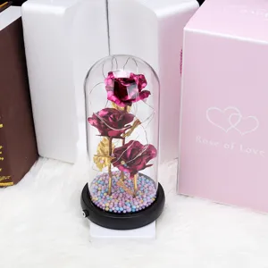 Detail view of artificial rose flower in glass dome with LED fairy lights, romantic gift ornament.
