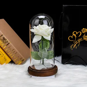 Elegante rosa blanca artificial en cúpula de cristal con LED y caja de regalo