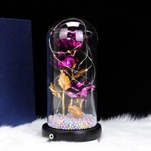 Glass dome purple artificial roses with LED string lights and base for romantic gifts home.