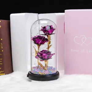 Valentine gift rose glass dome with LED lights and colorful beads for romantic occasions