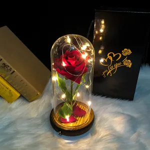 Detalle de una rosa roja de terciopelo en cúpula de cristal con luces LED
