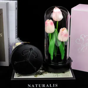 Dôme en verre tulipe fleur artificielle veilleuse ornement avec base de boîte à musique cadeau